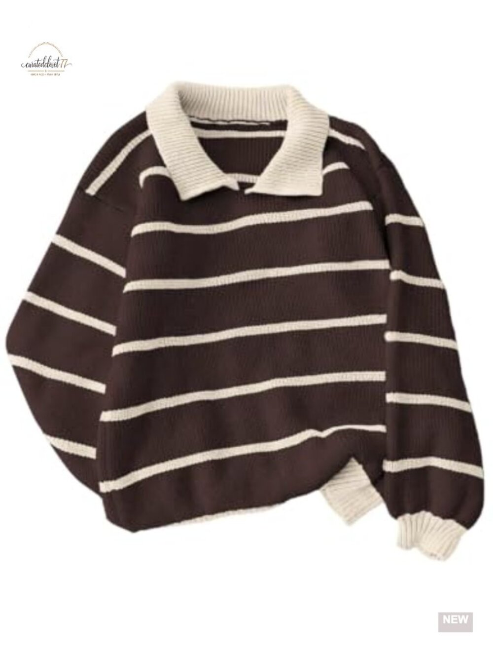 Oversized Striped Rugby Sweater Chunky Knit Collared Pullover